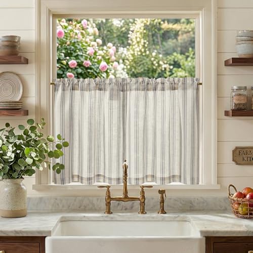 jinchan Linen Striped Kitchen Curtains 24 Inch Farmhouse Small Cafe Curtains Balanced Stripe Half Window Light Filtering for Bathroom Living Room Laundry 2 Panels Black on Linen
