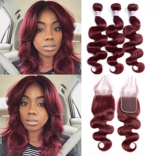 Aigemei Peruvian Virgin Human Hair Wine Red Bundles with Closure 8A Body Wave Human Hair Weaves with Closure Blonde Extensions(12''14''16''+10''Closure,Color 99J)