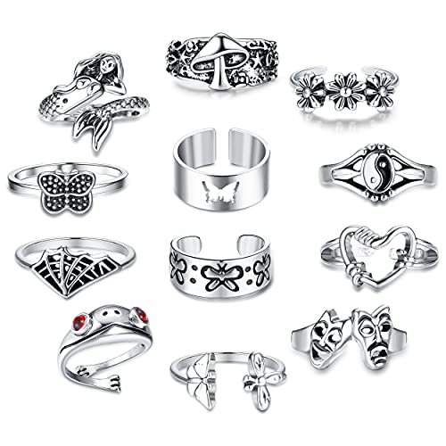 Fiasaso 12 Pcs Goth Punk Rings Set Frog Mushroom Chain Crying Face Poker Spades Heart Sun Star Butterfly Rings Adjustable Hippie Emo Rings Pack Silver Y2K Rings for Women Men Egirls
