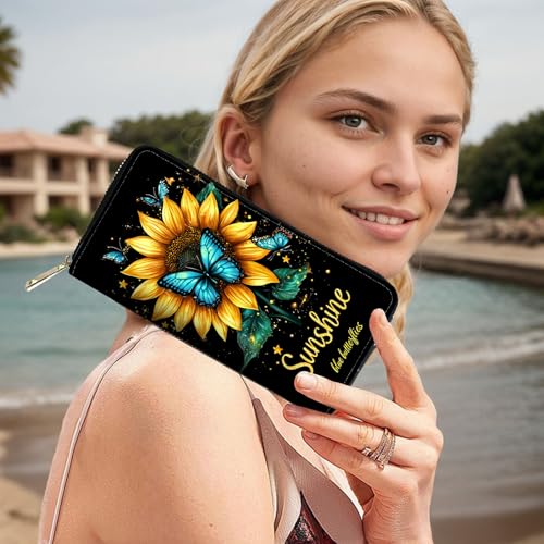 Image of RFID Blocking Leather Wallet for Women - Large Capacity Zip Around Clutch with 8 Card Slots,43 Cash Pockets & Coin Zipper,Blue Butterfly and Sunflower