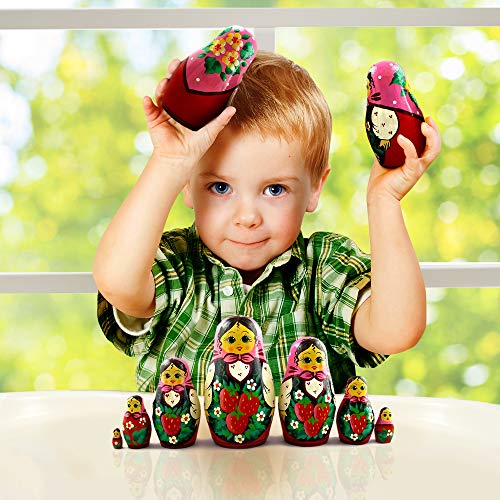 Wooden Russian Nesting Dolls With Strawberries Set 7 Pcs - Baboushka Nesting Dolls #TOP4