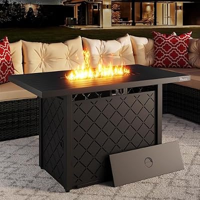 YITAHOME 43 Inch Propane Fire Pit Table, 50,000 BTU Gas Fire Pit with Ignition Systems, Iron Tabletop, Lava Rock, Lid, Rectangular Outdoor Firetable for Patio Deck Garden Backyard (Black)