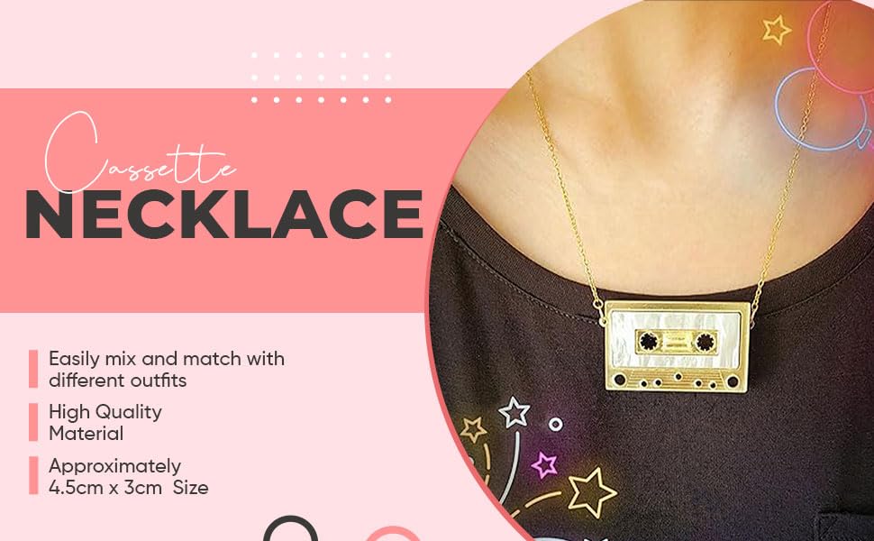 Womens Mens Retro 1980s Music Cassette Music Tape Pendant Vintage Style Costume Novelty Chain Necklace3