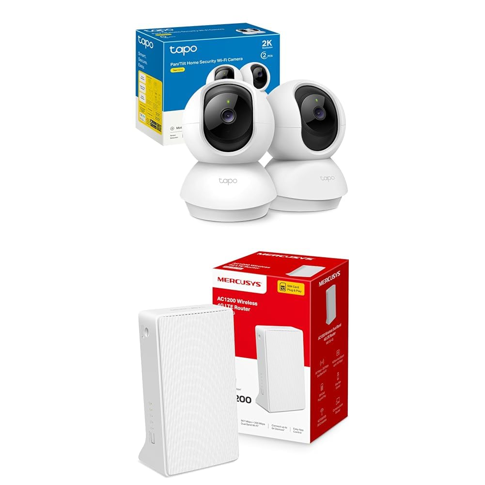 Tapo Bundle of TP-Link C210(2-Pack) - Cámara IP WiFi 360° Cámara de Vigilancia 2K (3MP) + [Nuevo 2024] Mercusys MB130-4G - Router 4G SIM, LTE CAT4, Wi-Fi AC1200, Compatible con Todos los operadores