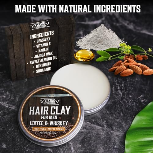 Image of Viking Revolution Coffee & Whiskey Hair Clay for Men - Matte Finish, Texturizing Clay Pomade for Men with Jojoba Oil and Vitamin E - Effortless Hair Styling Cream - Strong Hold, Natural Finish (2 oz)