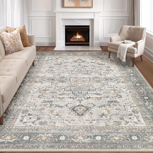 8x10 Area Rugs Living Room: Washable Boho Large Neutral Vintage Soft Rug Stain Resistant Distressed Farmhouse Non-Slip Indoor Floor Carpet for Bedroom Nursery Kids Office Dining Room- Taupe