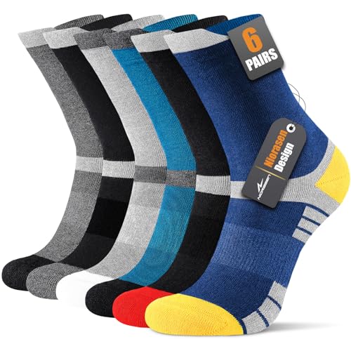 6 Pairs Men's Cotton Crew Work Boot Socks, Moisture Cushioned Athletic Sports Socks for Hiking Running Workout