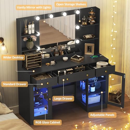 Image of HUANLEGO Vanity Desk with Mirror and Lights, Large Makeup Vanity Set with Power Outlet & RGB Glass Cabinet, 3 Drawers, Black Vanity Mirror with Lights Dressing Table for Girls Women, 3 Color Modes