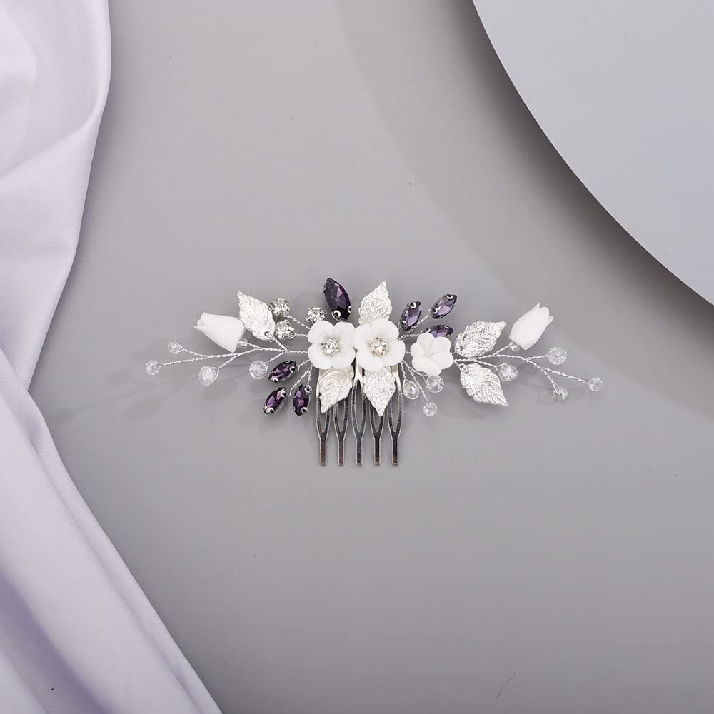 Chargances Pettine per capelli da sposa con strass a forma di fiore viola e cristallo, accessorio per capelli alla moda fatto a mano, per matrimoni, damigelle d'onore, balli e ragazze (viola