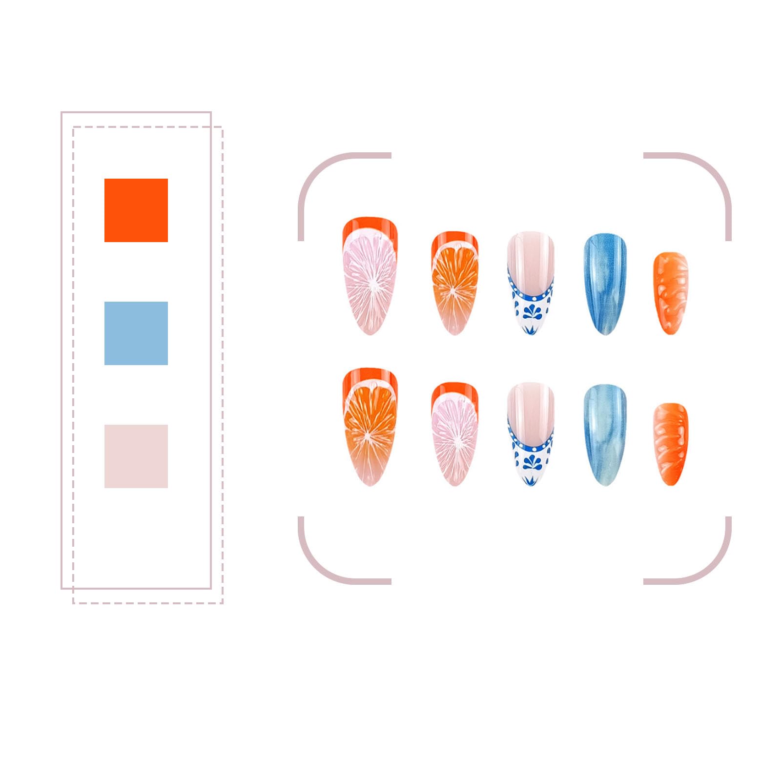 24PCS French Summer Press-On Nails with 3D Fruit & Floral Designs, Almond Shape Glossy Finish - Image 3