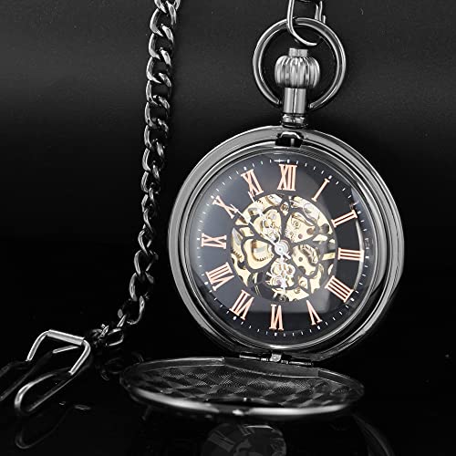 Image of Steampunk Roman Case Design Mechanical Pocket Watch with Chains & Boxs for Best Gifts(Black)