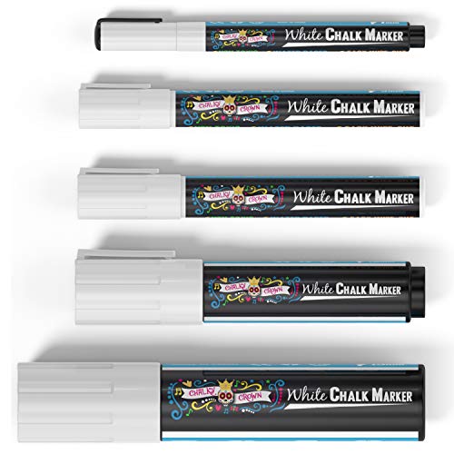 Image of CHALKY CROWN White Liquid Chalk Markers - 5 Pack (1, 3, 6, 10, 15mm) | Multi-Tip Variety Pack Includes 1, 3, 6, 10 & 15mm Tips - Non-Toxic Ink for Windows, Glass & Signs - Smooth Wipe-Clean