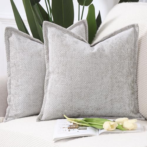 Image of MADIZZ Decorative Chenille Velvet Throw Pillow Covers Set of 2 Soft Boho Textured Neutral Couch Throw Pillow for Bed Modern Farmhouse Home Decor for Sofa Livingroom Oatmeal 24x24 Inch Euro Sham