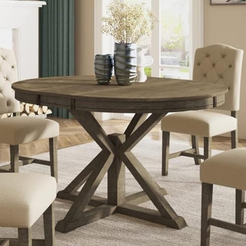 54" Round Extendable Dining Table for 4-6, Mid Century Modern Wood Table for Kitchen, Restaurant, Cafe, Natural