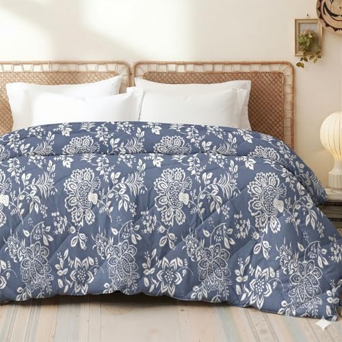 Image of AYKA Reversible AC Comforter 150 GSM Microfiber Summer Blanket Single Bed (60x90 Inches) | Floral Design Cooling Quilt for AC Room | Soft Breathable Duvet Blue & White