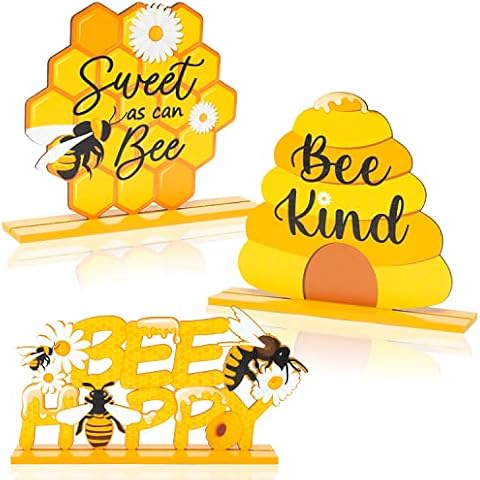 WATINC Holz-Tischdekoration mit Bienenwaben-Motiv, Tischdekoration, "Sweet as Can Bee Happy" Cover