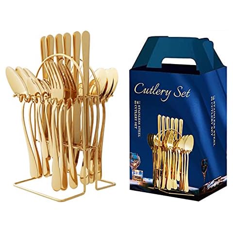 Cutlery Set with Stand, 24 Piece Gold Stainless Steel Flatware Set - Dinner Knives, Forks, Spoons and Tea Spoons, Silver Cutlery Holder Service for 6, Easy Clean & Dishwasher Safe Cover
