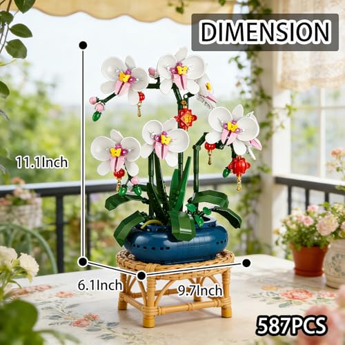 Image of White Orchids Building Blocks Set Compatible with Lego, Butterfly Bonsai Flowers Bouquet with Exquisite Vase Botanical Collection Decor, Artificial Plant Great Toy Gift for Adult, Teen(587PCS)