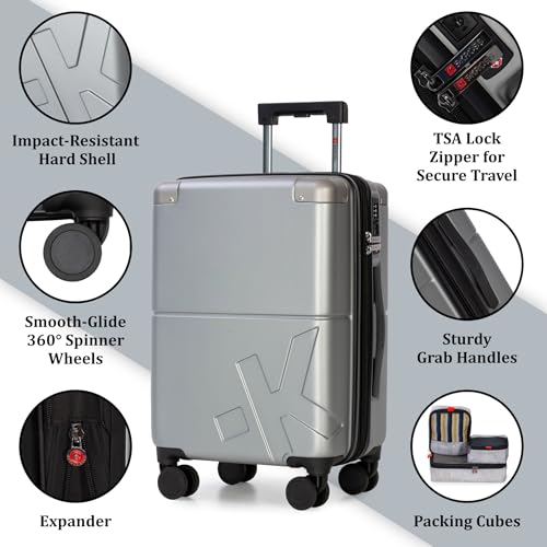 Skross Studio K Hardside Expandable 20 Inch Carry-On Luggage Set for Travel, Carry On Suitcase with Spinner Wheels, TSA Approved Lock & 3 Packing Cubes. Travel Hardshell Carry on Bag (Silver) by SKROSS - Image 4