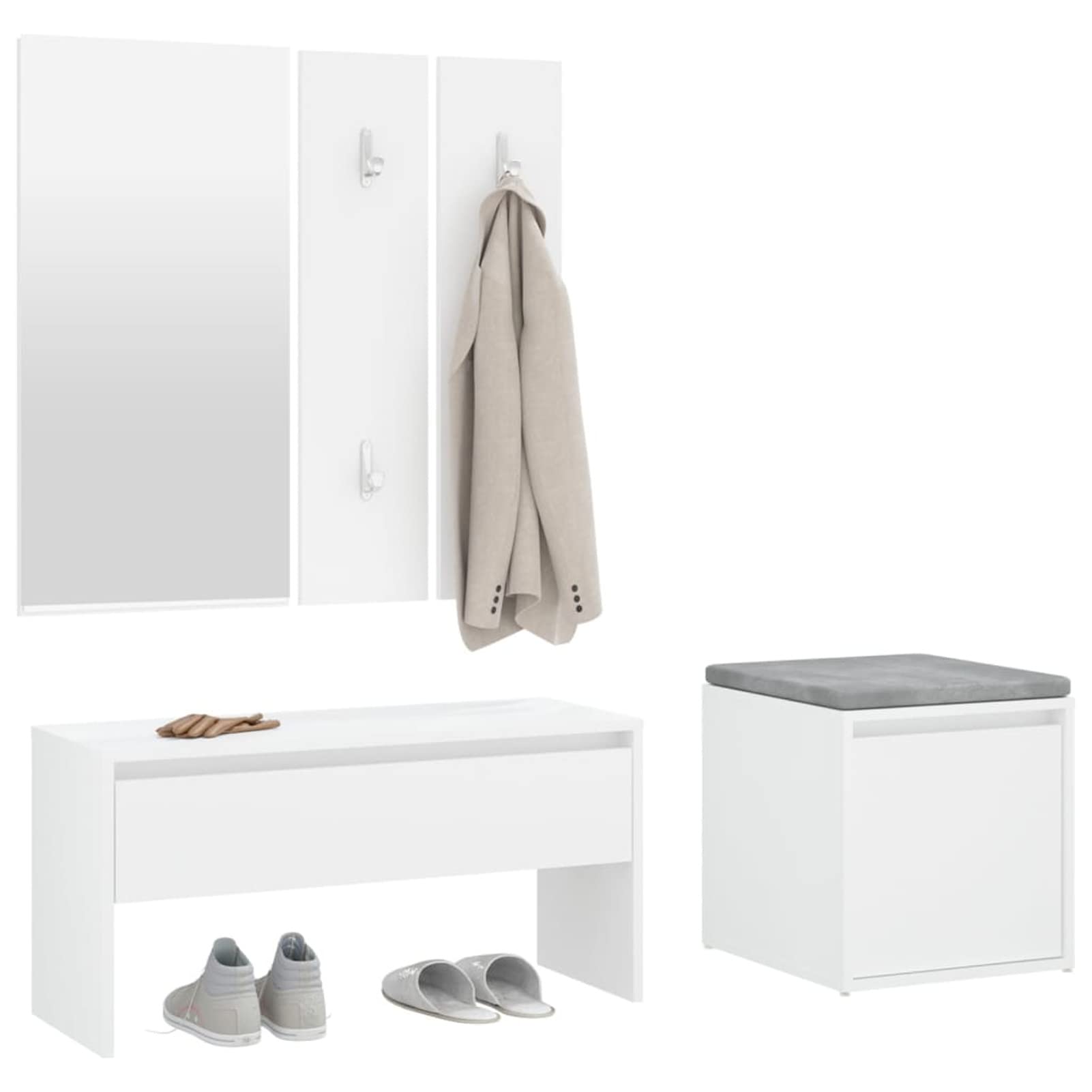 Banco de Entrada con Espejo y Perchero - Madera Contrachapada, Blanco, para Decoración y Almacenaje