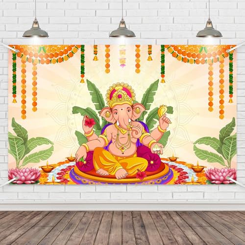 Image of Pooja Ganpati Decoration Banner Indian Puja Cloth Items Backdrop | Traditional Chatiya Ganesh Mehndi Photography Background Wedding Festival Party Marigold Garlands Photo Booth 70.8x43.3inch