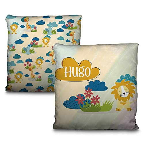 LolaPix Cojín Bebe. Cojin Personalizado. Cojines Infantiles. Personalizado con Nombre. Ambas Caras. Varios tamaños y diseños. León Infantil