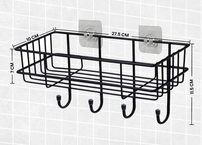 Image of Metal Storage Shelf with Hooks, Wall-Mounted No-Drill Self-Adhesive Rack for Bathroom & Home Organization, Multipurpose Shelf Organizer, Set of 2
