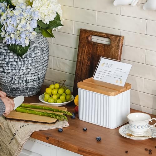 HOME PALETTE Recipe Box with Cards and Dividers Set 4x6 Recipe Holder for Kitchen Counter Metal White Vertical Stripe Pattern Embossed Recipe Card Box with Wooden Grooved Lid