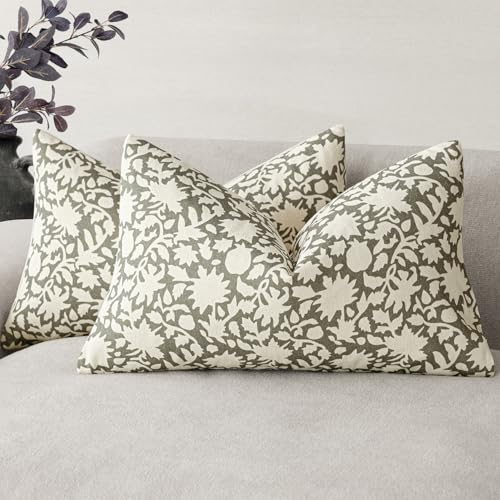 Image of Foindtower Set of 2 Decorative Neutral Floral Throw Pillow Covers Accent Farmhouse Cushion Covers Boho Lumbar Pillowcase for Couch Sofa Bedroom Living Room Home Decor,12x20 Inch,Sage Green