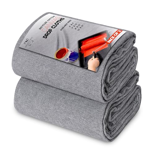 Recycled Silver Canvas Drop Cloth (9 x 12 Feet - Pack of 2) - Recycled Cotton Painters Drop Cloth for Painting Furniture & Floor Protection - All Purpose Canvas tarp with Double Stitched Edges