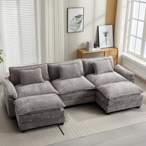 Image of Oprisen 120 inch Modular Sectional Sofa, Comfy Cloud Couch Sectional Sofa with Ottoman, Chenille Sofa Sleeper Deep Seat Sofa with Throw Pillows for Living Room (Light Gray, 120 inch- U Shape)