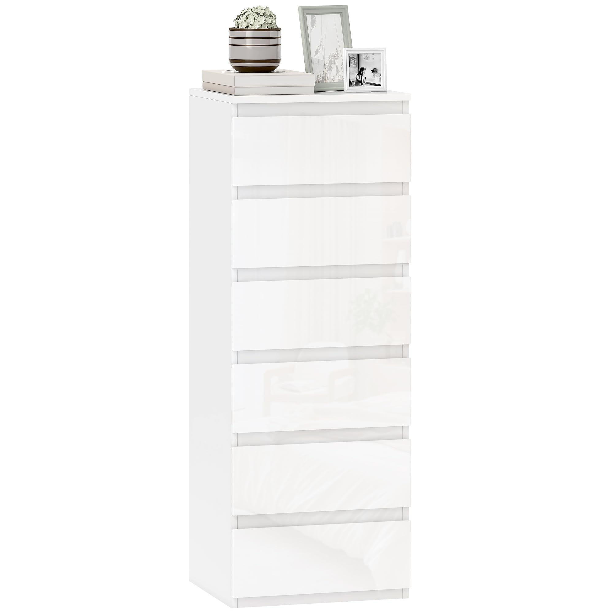 HOMCOM Cassettiera Camera da Letto Slim Alta con 6 Cassetti, Comò Camera da Letto Senza Maniglie, Cassettiera Salvaspazio per Soggiorno Corridoio Ingresso, 40x35x109 cm, Bianco Lucido