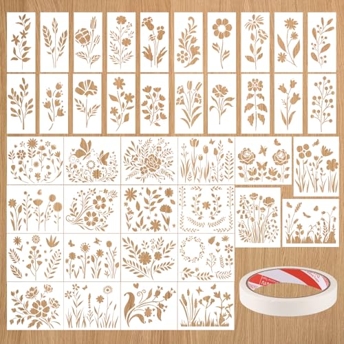 WSICSE 40 Pieces Flower Stencils for Painting Reusable 40 Floral Designs Stencils for Drawing on Wall Decor Wood Rocks Canvas Fabric DIY Scrapbook Card Glass Pottery (36 & 4.76 Inch)