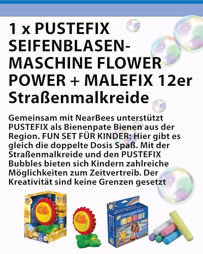 PUSTEFIX Seifenblasenmaschine Flower Power & MALEFIX Straßenkreide 12er Packung I Seifenblasen Kinder Set I Bubble Spaß bei Kinderparty & Geburtstag