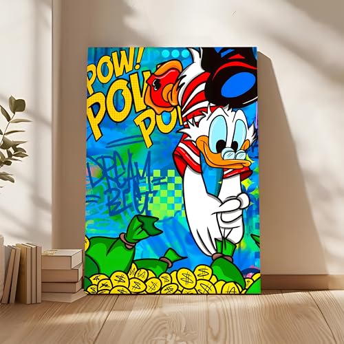 Image of Pop Art Cartoon Duck Money Wall Painting | Comic Graffiti Style Stretched Canvas Art Print| Modern Street Wall Art for Home & Office, 56x86 cm