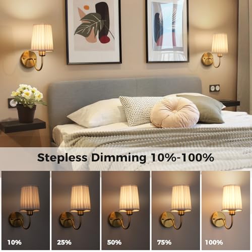 Image of Battery Operated Wall Sconce Set of Two, Wireless Wall Sconces with 10000mAh Dimming Magnetic Bulb, Rechargeable Wall Sconce with Pleated Fabric for Bedroom Living Room Gallery Hallway, Gold