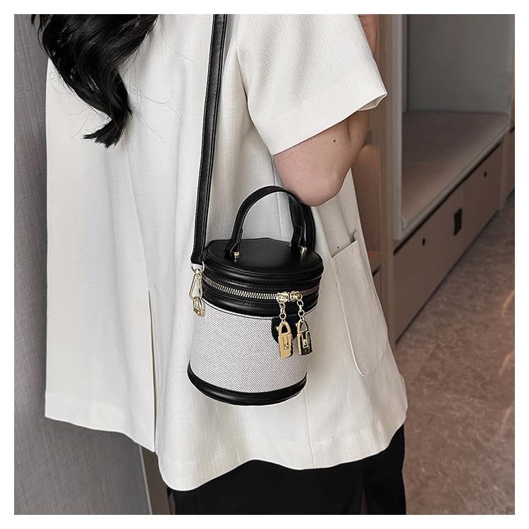 Image of Retro Bucket Bag Color Contrast Cylinder Purse | Senior Sense Style, Single Shoulder Crossbody, Zipper Closure, 4.7x6