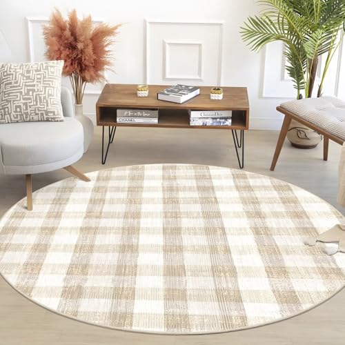 Image of Checkered Area Rug, 4 Ft, Round, Beige | Washable, Non Slip, Modern Neutral, For Living Room Bedroom Office Patio Dining Room