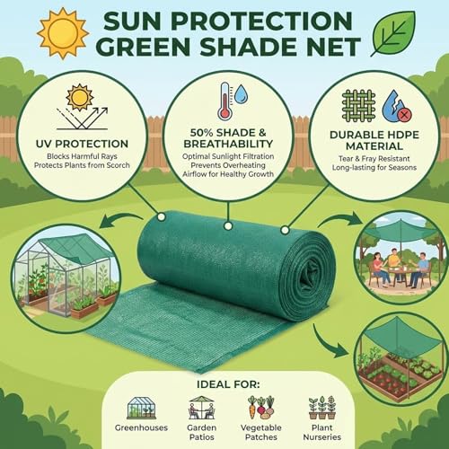 Image of Green Net for Garden Balcony Sunscreen Fabric Bird Control Agriculture Sun Protection Parking Net House UV Stabilized Plant Netting Multipurpose 50%, Shade Net (Green, 7FT X 10FT)