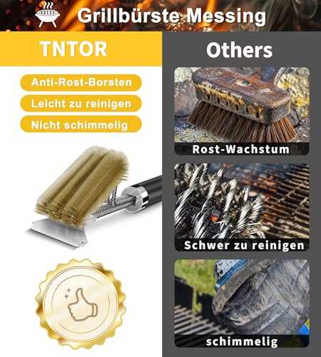 [2 Pack] Grillbürste Messing, TNTOR Grill Messingbürste mit Langer Borsten, Edelstahl Spatel und Extra Langer Wärmedämmung Griff, für Gasgrill, Holzkohlegrill, Kugelgrill, Elektrogrill und Grillrost. 5