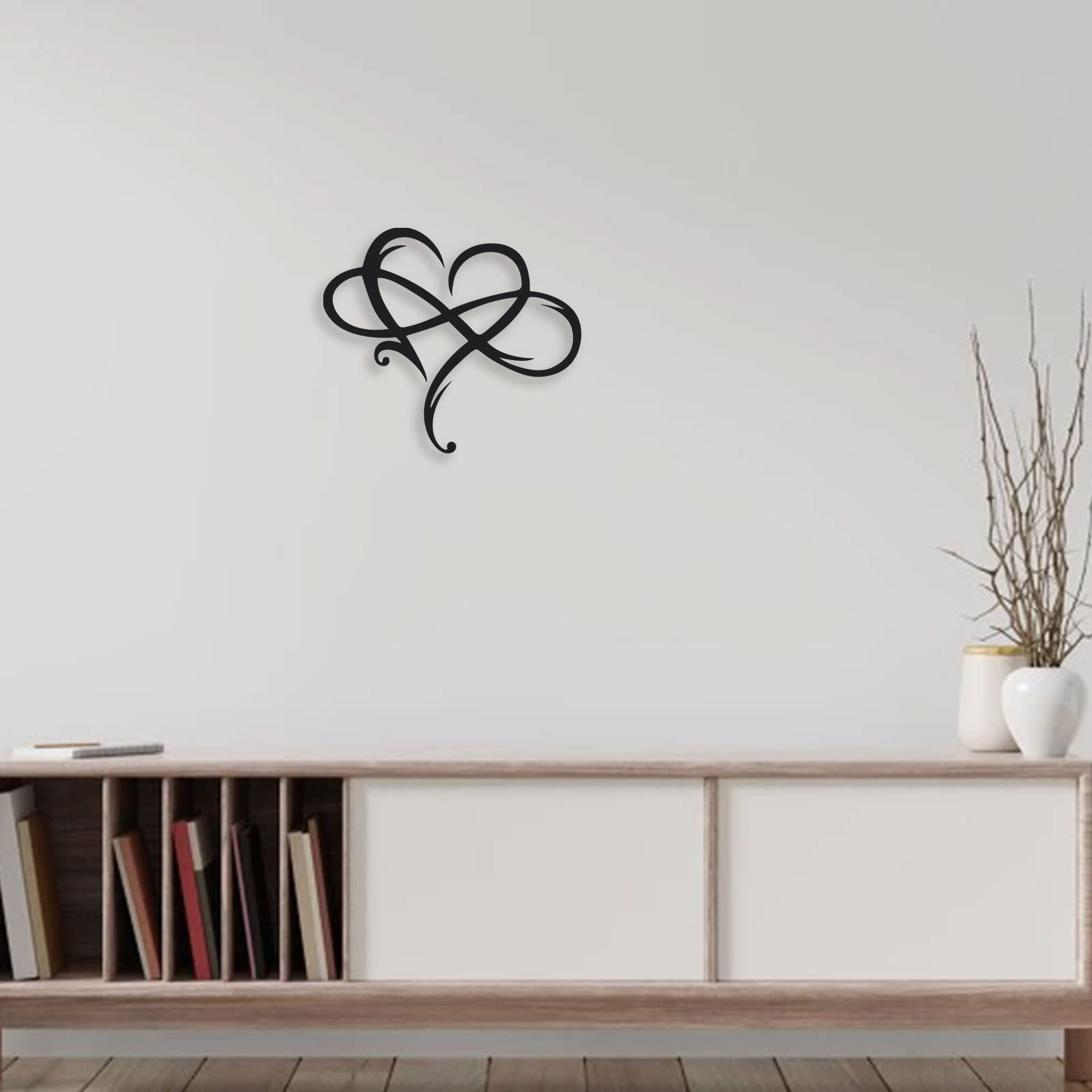 Decoración de pared de metal con corazón infinito, decoración única de corazón infinito, placa de amor, arte geométrico de acero, adornos recortados para decoración del hogar y boda (negro, 15.3 x