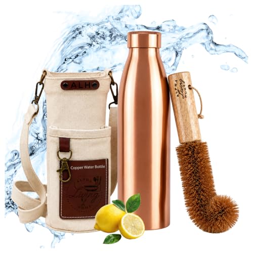 Image of Pure Copper Water Bottle 32 Oz Ayurvedic Drinking Bottle with Wide Mouth and Brush, Leak Proof Reusable Metal Bottle for Home Office Gym Travel, Red Brown Finish