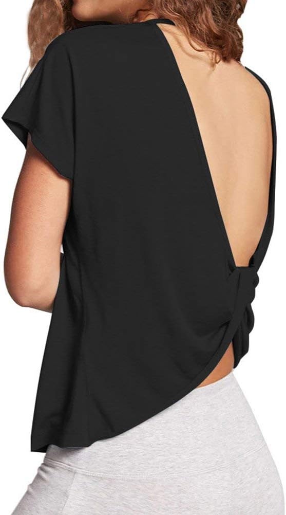 Mippo Womens Open Back Workout Tops Loose Short Sleeve Athletic Gym T Shirts - Image 3