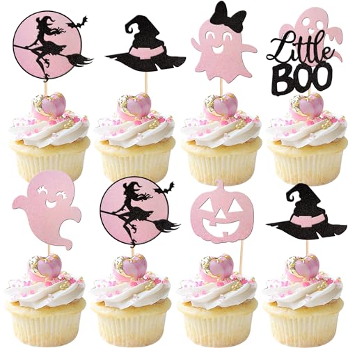 24 PCS Halloween Cupcake Toppers - Pink & Black Glitter Ghost, Li...