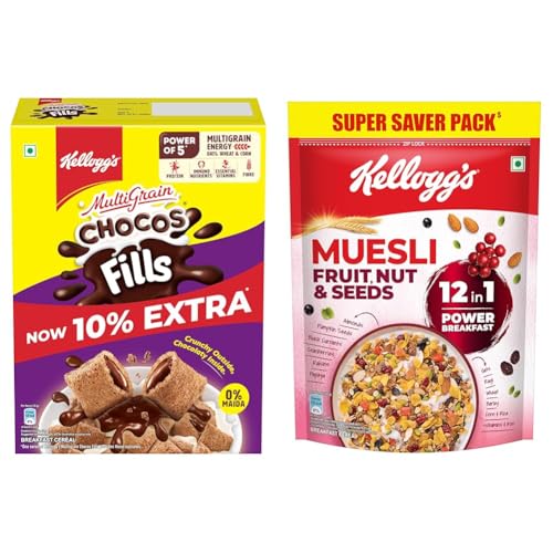 Image of Kellogg's Chocos Fills 250g | Double Chocolaty, Anytime Snack | 3 Grains: Oats, Wheat & Rice, + Kellogg's Muesli Fruit Nut & Seeds 750G | 12-In-1 Power Breakfast | India'S No. 1 Muesli |