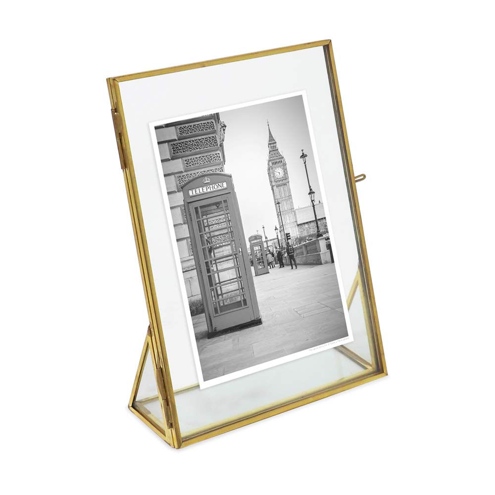 Isaac Jacobs 5x7, Antique Gold, Vintage Style Brass and Glass, Floating Photo Frame, Metal, (Vertical), with Locket Closure and Angled Base, for Pictures, Art, Mementos, Keepsakes (5x7, Antique Gold)