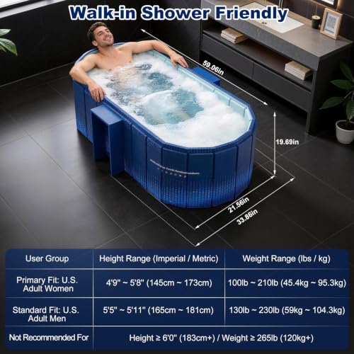 Image of Portable Bathtub for Adult 59 inch Large Collapsible Cold Plunge Bathtub Foldable No Installation Ice Bath Tub for Shower Stall, Bathroom Hot SPA Soaking Standing Tub