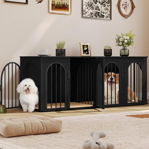 Hzuaneri 63 in Double Dog Crate Furniture, Dog Kennel Indoor with Cushion