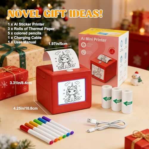 Image of AI Voice Activated Sticker Printer, Smart Portable Thermal Sticker Maker Toy with Voice-to-Image Generation, 3 Paper Rolls and 5 Coloring Markers