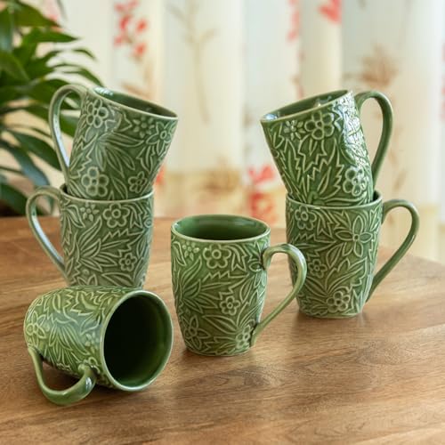 Image of ExclusiveLane 'Green Flora' Ceramic Coffee Mugs Set of 6 (Set of 6, 290 ml, Microwave and Dishwasher Safe, Hand-Embossed) | Ceramic Coffee Mug Coffee Cup Set of 6 Tea Mugs Set Tea Cups Ceramic Mugs